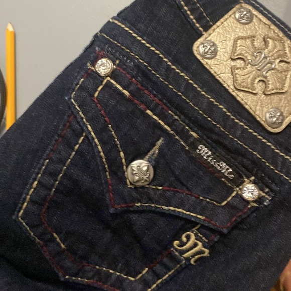 MISS ME SKINNY DARK WASH JEANS SADDLE STITCH POCKET RED,WHITE AND BLUE SZ 27 - Picture 14 of 14